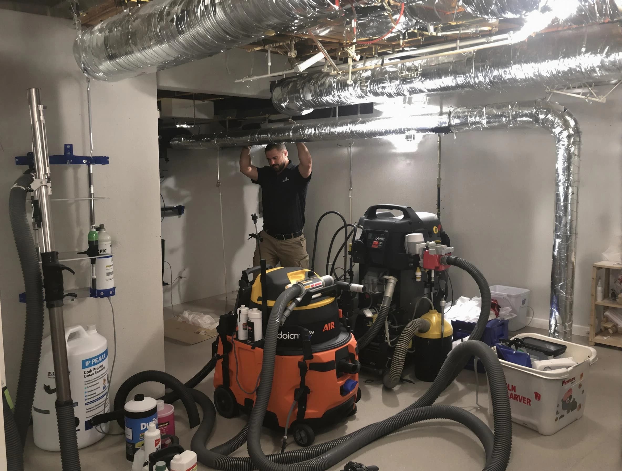 Wellsville Air Duct Cleaning specialist performing professional mold removal from air ducts using safety equipment in Wellsville